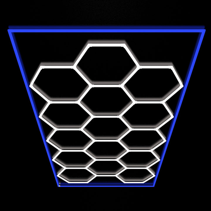 Hexagon Lights – 15 Grid Color Border LED Garage Lighting (15.7' × 7.9' / 4.8 m × 2.4 m) for Garage HEXLEDLIGHTING Pic 1