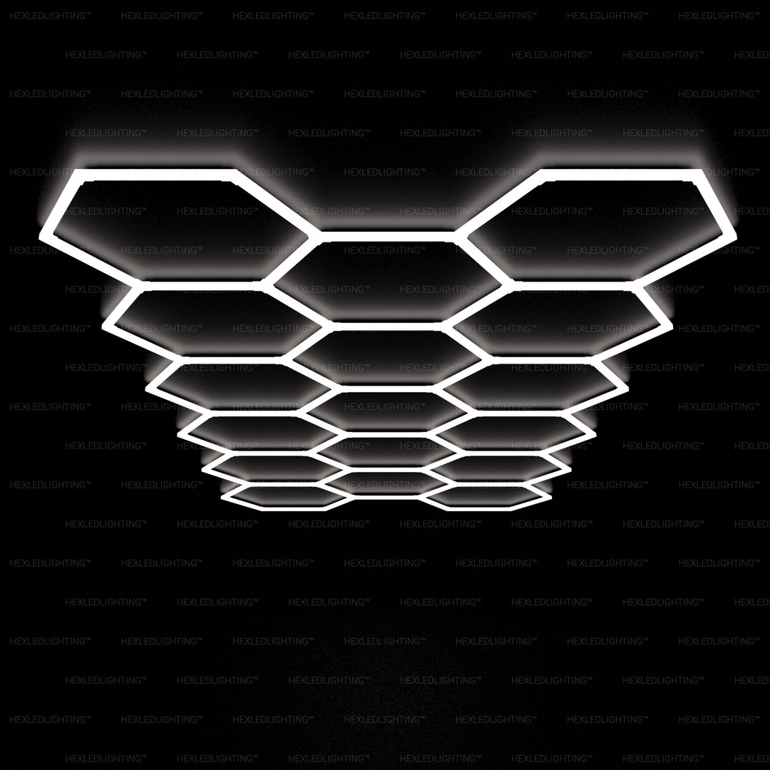 Hexagon Lights – 17 Grid LED Garage Lighting(17.7′ × 7.9′ / 5.4 m × 2.4 m) for Garages or shops – HEXLEDLIGHTING – Pic 1
