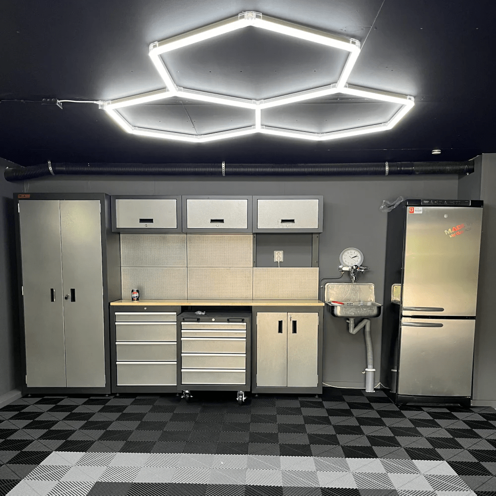 Hexagon Lights – 3-Grid Cluster LED Garage Lighting (5.6' × 5.6' / 1.7 m × 1.7 m) for Garage or shop HEXLEDLIGHTING Pic 2