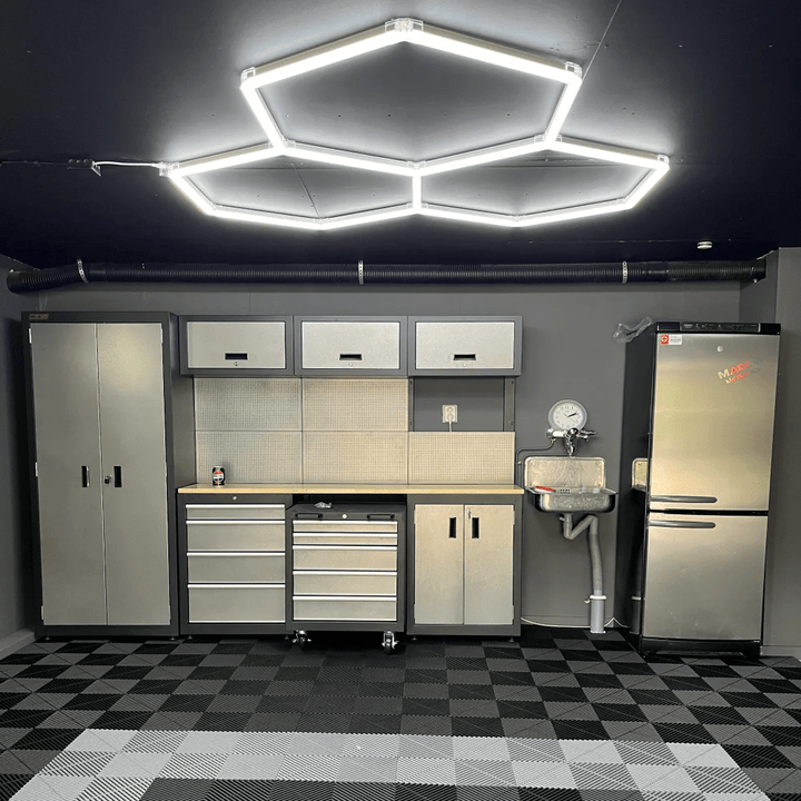 Hexagon Lights – 3-Grid Cluster LED Garage Lighting (5.6' × 5.6' / 1.7 m × 1.7 m) for Garage or shop HEXLEDLIGHTING Pic 2