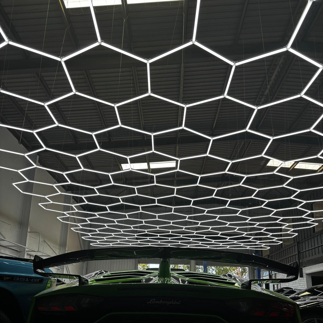 Hexagon Lights Large 39 Grid LED Garage Lighting (20 ft × 21.5 ft / 6.2m x 6.6m) for Garages or shops HEXLEDLIGHTING Pic 2