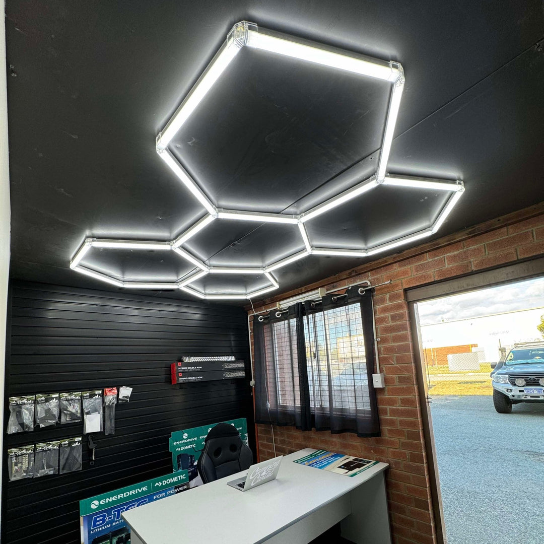 Hexagon Lights – Large 5 Grid LED Garage Lighting (9' × 8' / 2.9 m × 2.6 m) for Garages or shops – HEXLEDLIGHTING – Pic 2