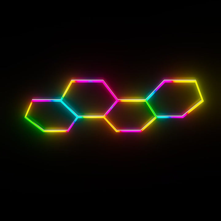 Hexagon RGB Lights – 4-Aurora Grid Mood Lighting (10.5' × 4.3' / 3.2 m × 1.3 m) for Garage or gym – HEXLEDLIGHTING – Pic 1