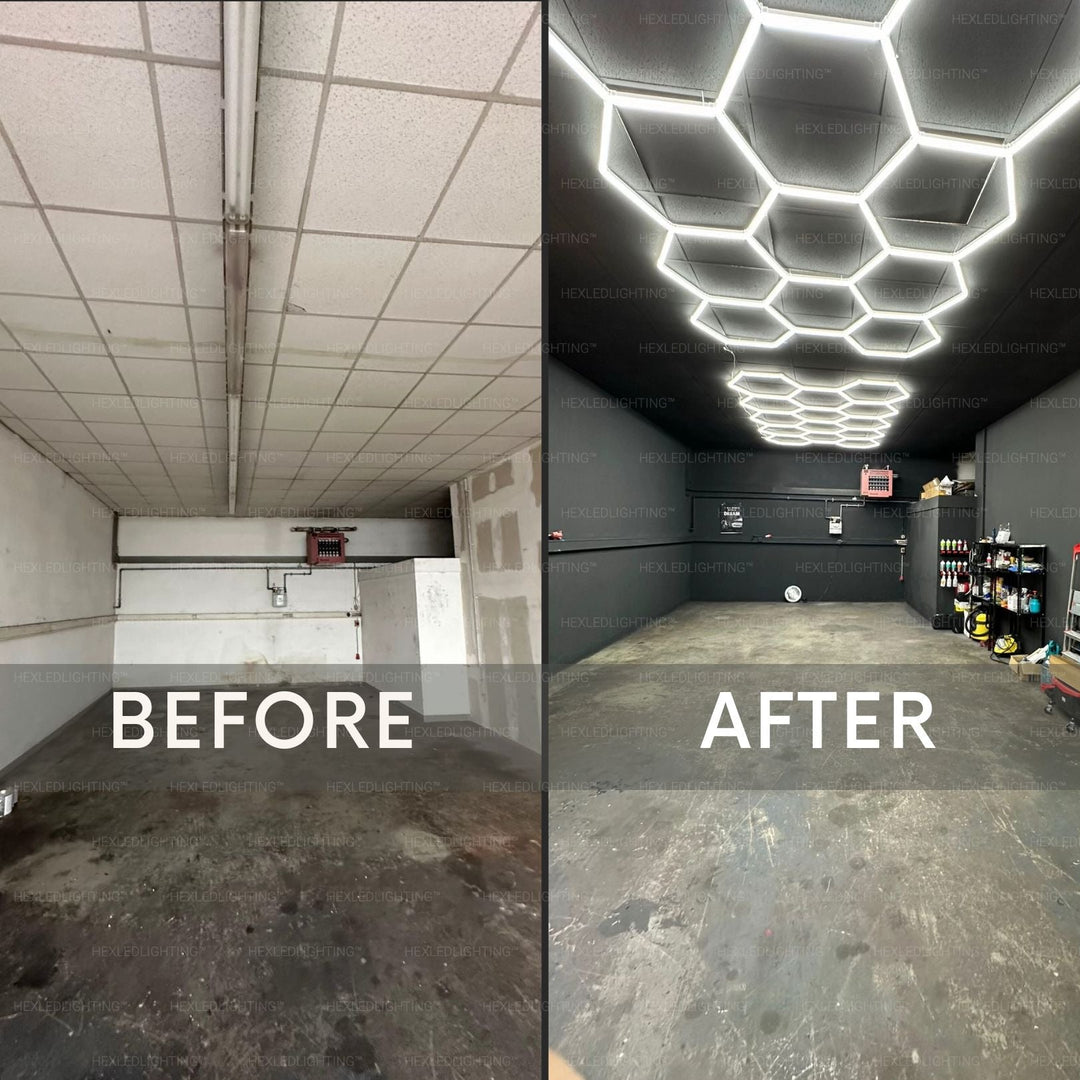 Before and after of a two-car garage upgraded with HEXLED hexagon LED lights, dim fluorescent original beside bright shadow-free hexagon coverage