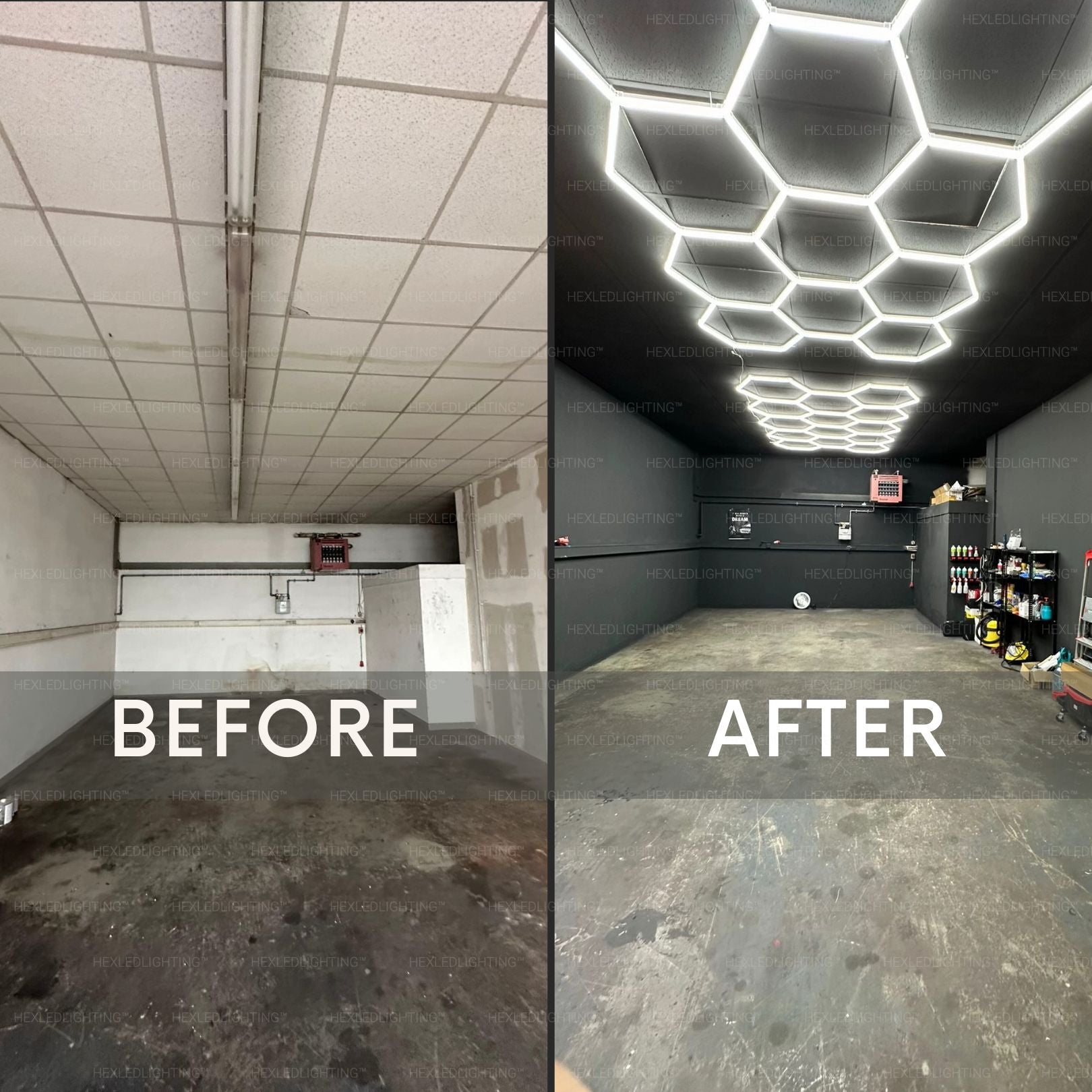 Before and after of a two-car garage upgraded with HEXLED hexagon LED lights, dim fluorescent original beside bright shadow-free hexagon coverage