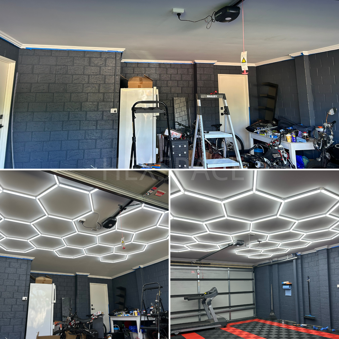 Before and after of a double-car residential garage retrofitted with HEXLED hexagon LED ceiling lights, showing the visible six-sided pattern overhead