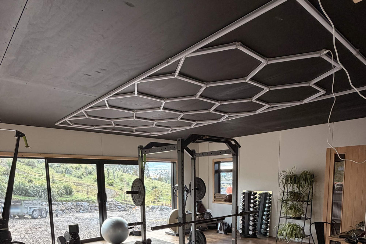 Home gym with a bordered hexagon light grid, switched off, on a dark ceiling above a squat rack, with a rowing machine and large windows