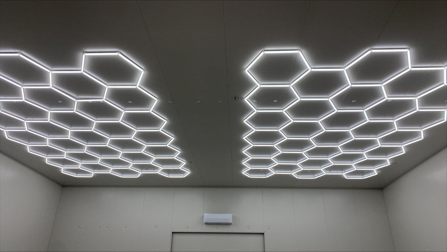 Commercial Workspace with custom hexagon LED lighting by HEXLED