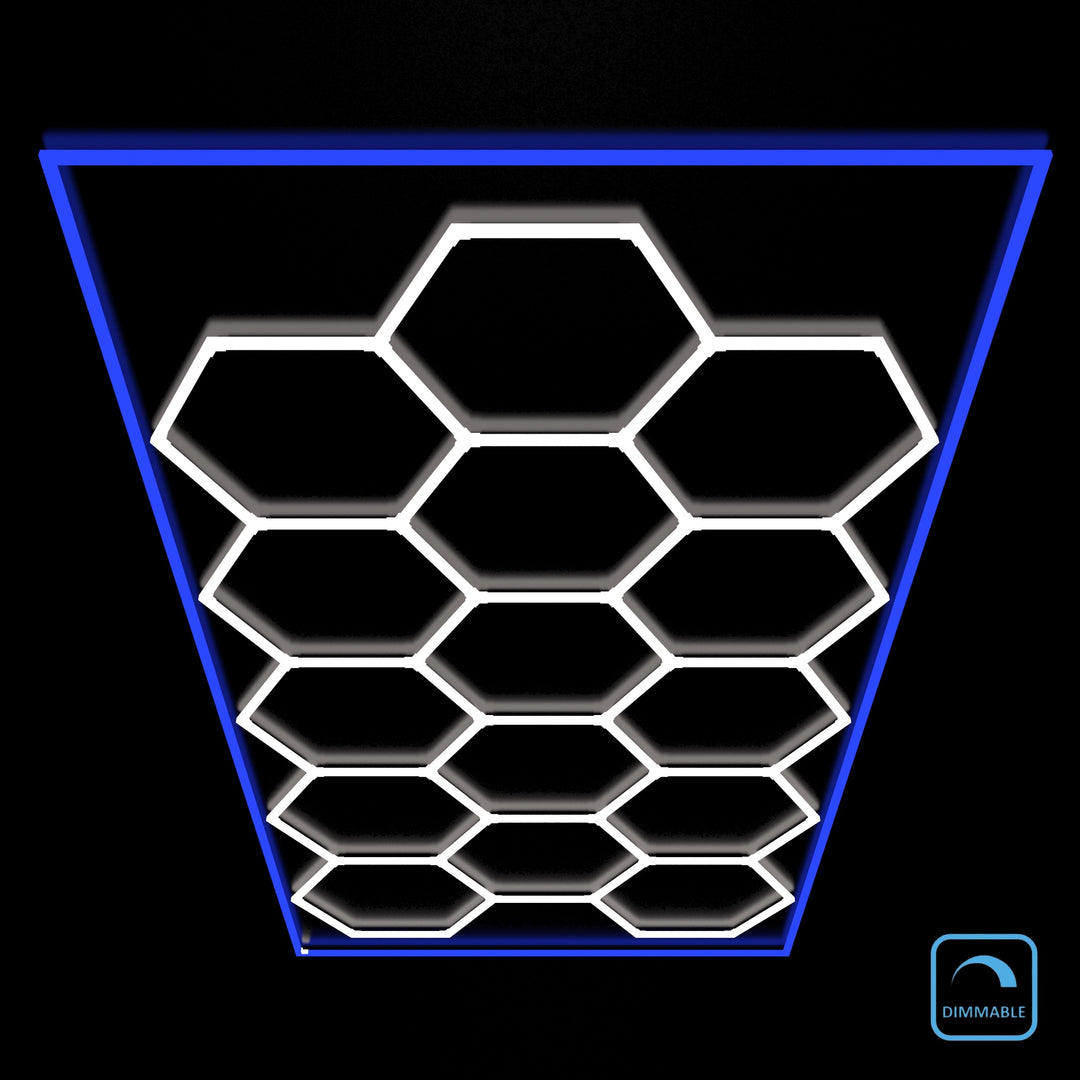 Dimmable blue border hexagon LED lights 15 grid kit with dimmable badge by HEXLED