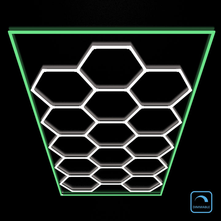 Dimmable green border hexagon LED lights 15 grid kit with dimmable badge by HEXLED