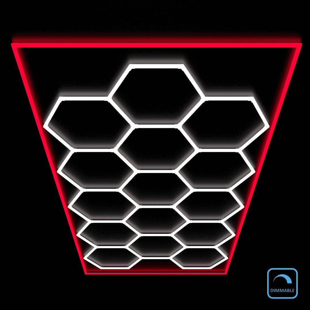 Dimmable red border hexagon LED lights 15 grid kit with dimmable badge by HEXLED