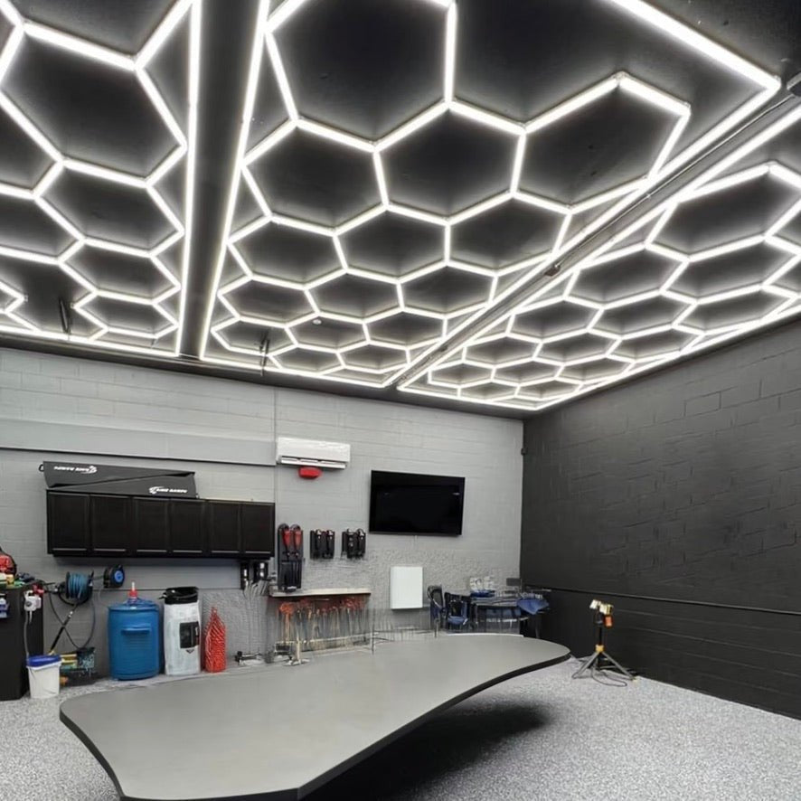 Dimmable Hexagon Lights – 15 Grid Border LED Garage Lighting (15.7' × 7.9' / 4.8 m × 2.4 m) for Garages –HEXLEDLIGHTING Pic 2