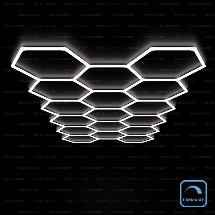 Dimmable Large 17 grid hexagon LED lights on a garage ceiling – HEXLED Lighting