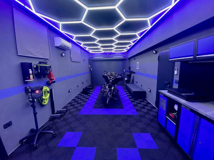 Color border hexagon lights installed in garage