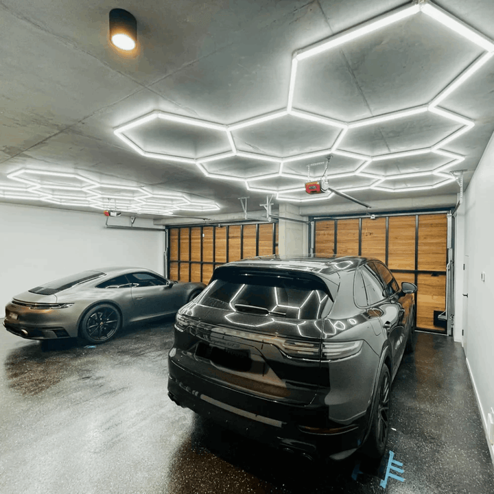 Large 11 grid hexagon lights installed above a garage bay – HEXLED Lighting