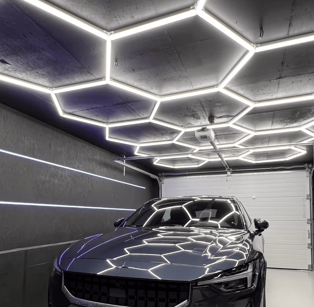 Large 14 grid hexagon lights in a workshop ceiling – HEXLED Lighting