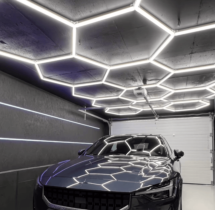 Large 14 grid hexagon lights in a workshop ceiling – HEXLED Lighting