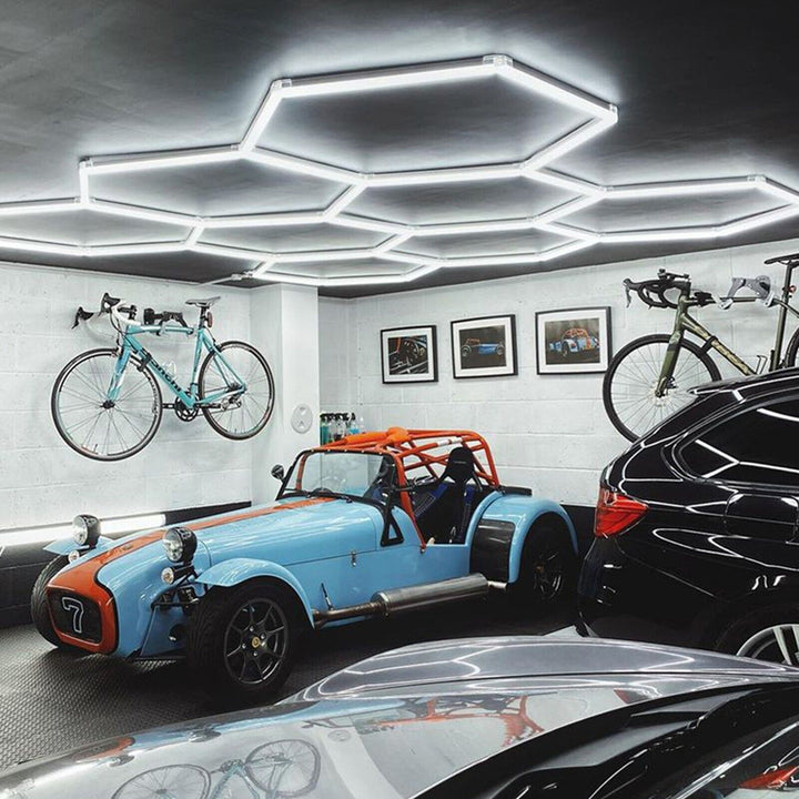 Large 8 grid hexagon LED garage lighting (10' × 9.8') – HEXLED Lighting