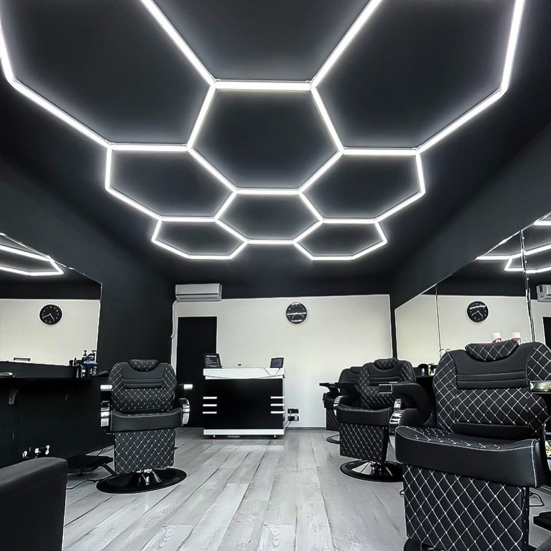 Large 8 grid hexagon lighting layout in a workshop – HEXLED Lighting