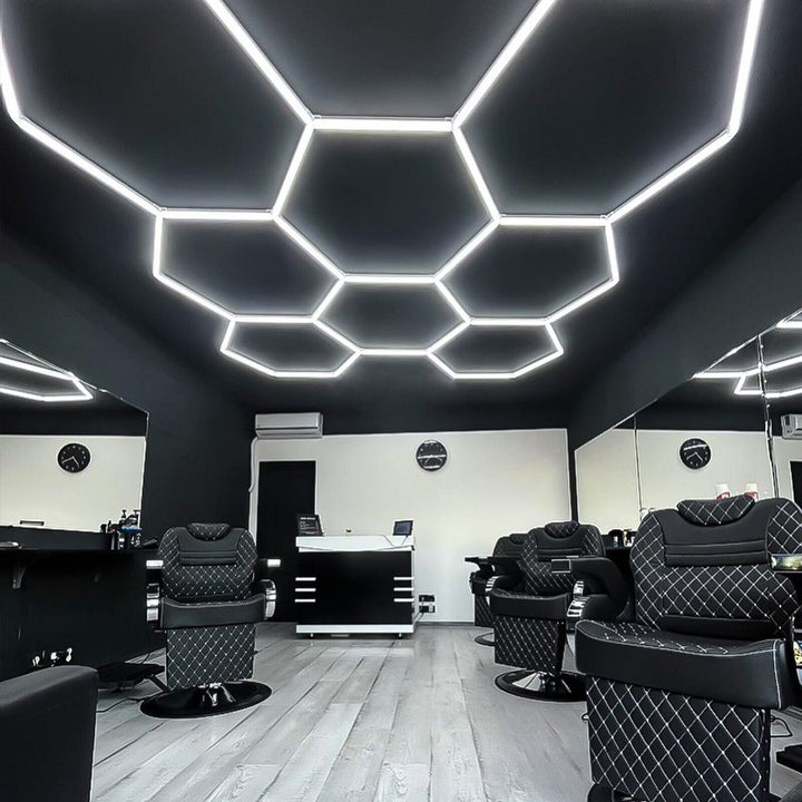 Large 8 grid hexagon lighting layout in a workshop – HEXLED Lighting